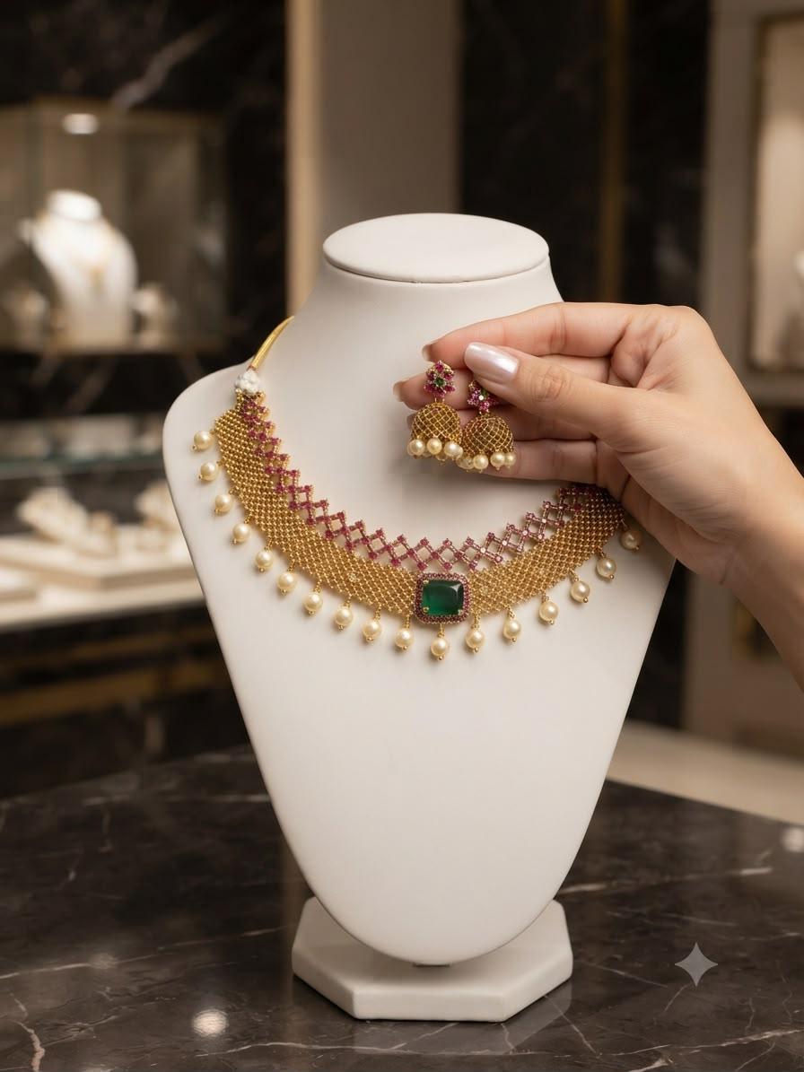 Statement Gold Plated Choker/Necklace Set with Emerald Stone and Matching Earrings