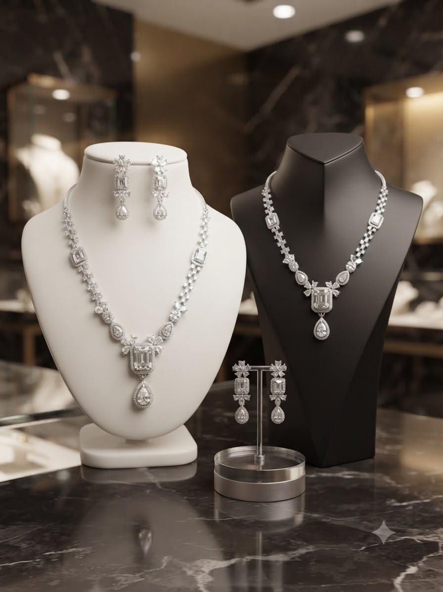 Art Deco Pendant Necklace Set with Rhodium Finish and Cubic Zirconia Drop Earrings