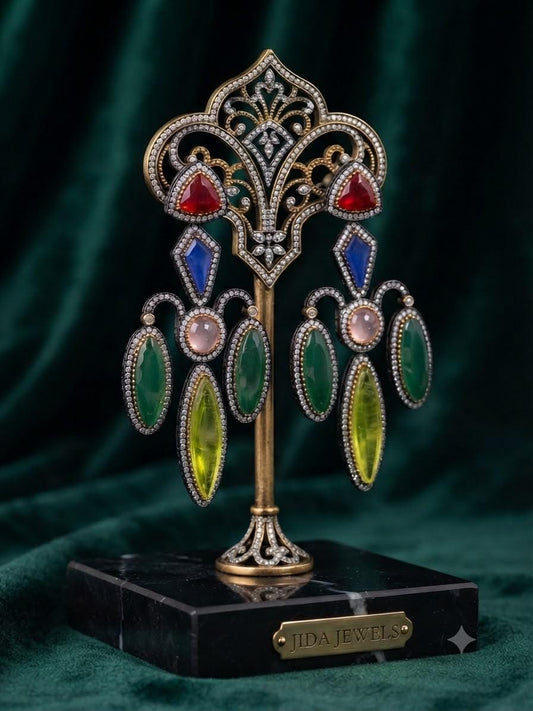 Art Deco Statement Earrings with Emerald Ruby Pink and Sapphire CZ