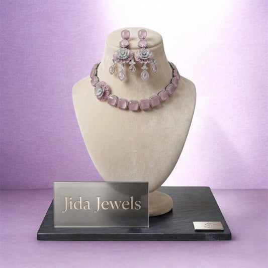 Elegant blush Pink Floral Necklace Set with Matching Drop Earrings for Wedding Wear