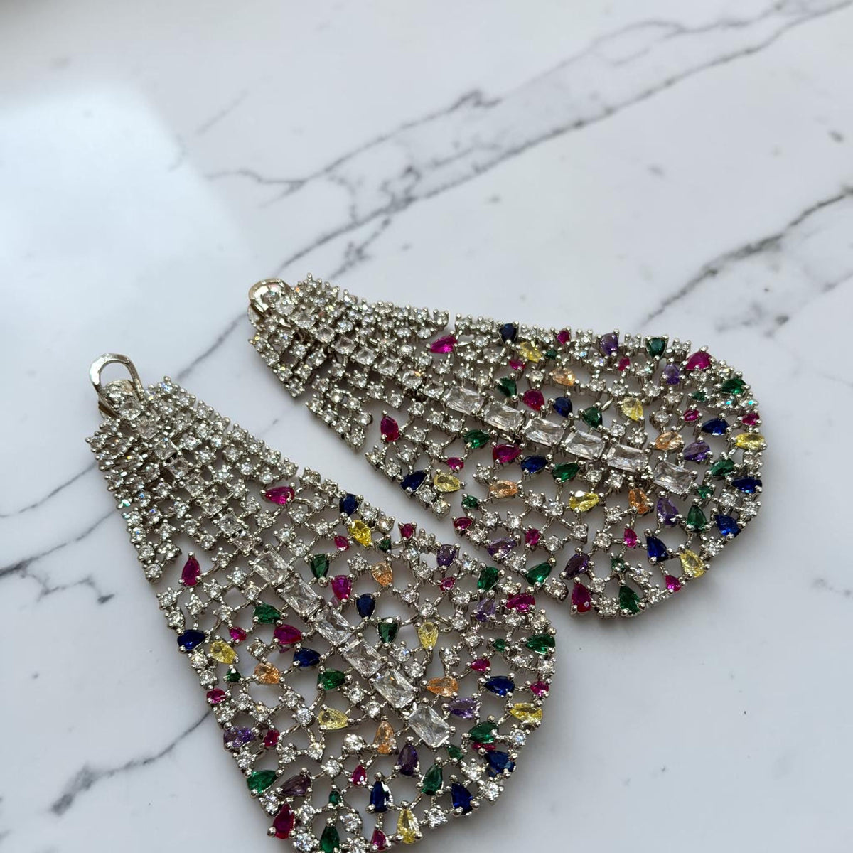 Designer Openwork Dangle Earrings Featuring Multicolor CZ Stones and Geometric Statement Style