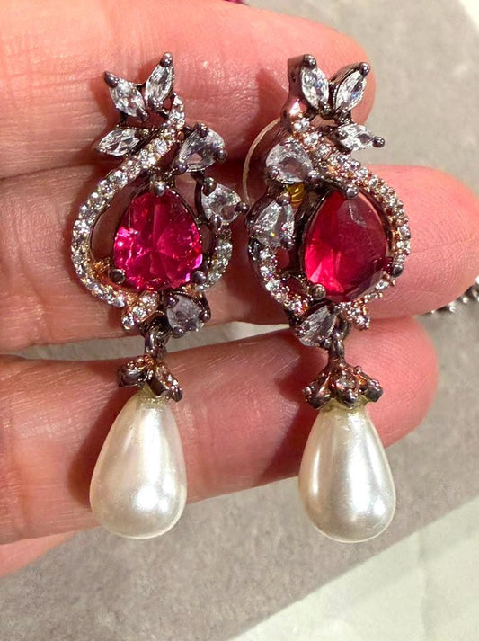 Antique Finish Necklace Set with Ruby Pink Pendant and Pearl Earrings