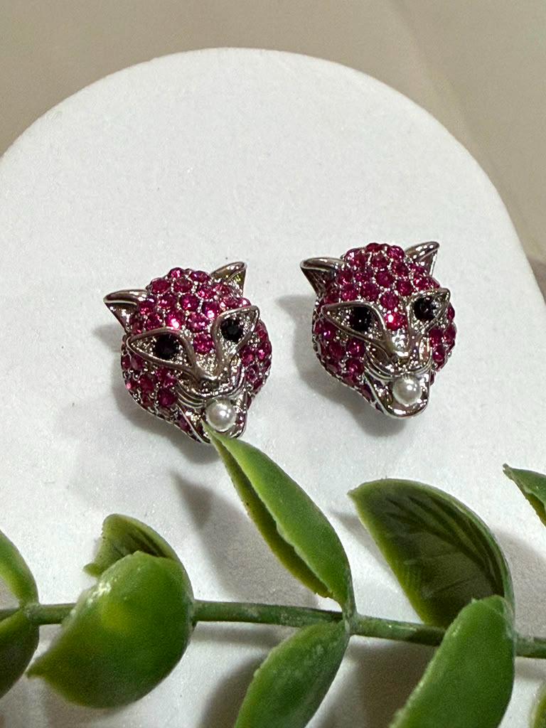 Designer Panther Head Earrings with Ruby Pink CZ Stones, Rhodium Finish Animal Inspired Stud