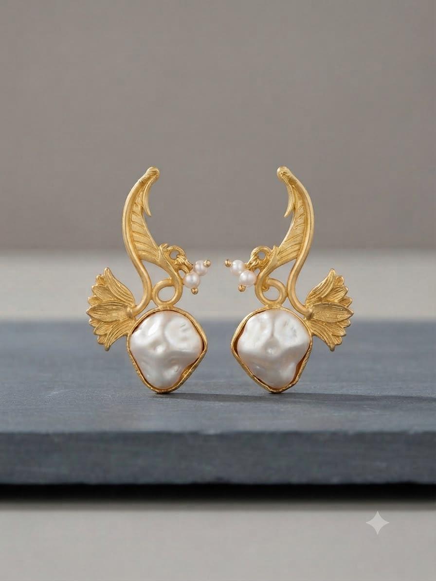 Gold Tone Finish Botanical Earrings with barouk pearl Sculptural Leaf Design and Modern Style