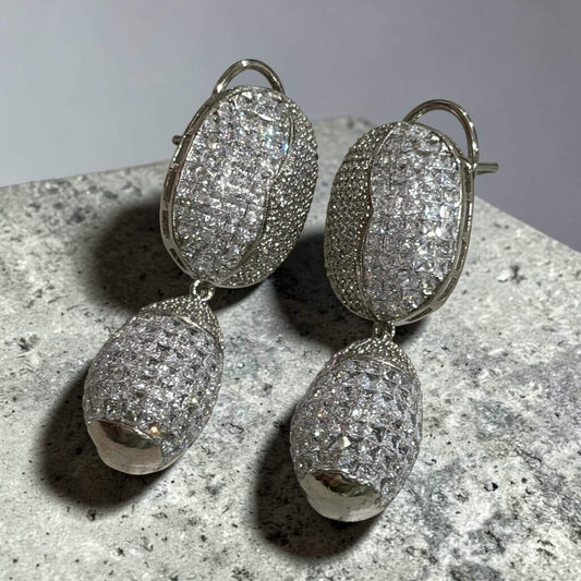Contemporary Black Finish Drop Earrings, Oversized Oval Fashion Earrings with Sculptural Detail