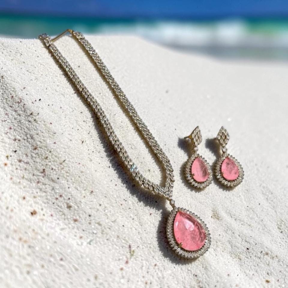 Teardrop high end doublet stone with Cz stones Jewelry set antique finish