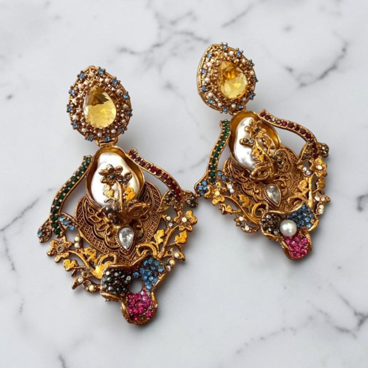 Embellished Statement Earrings with Yellow Teardrop Stones and Intricate Multicolor Detailing