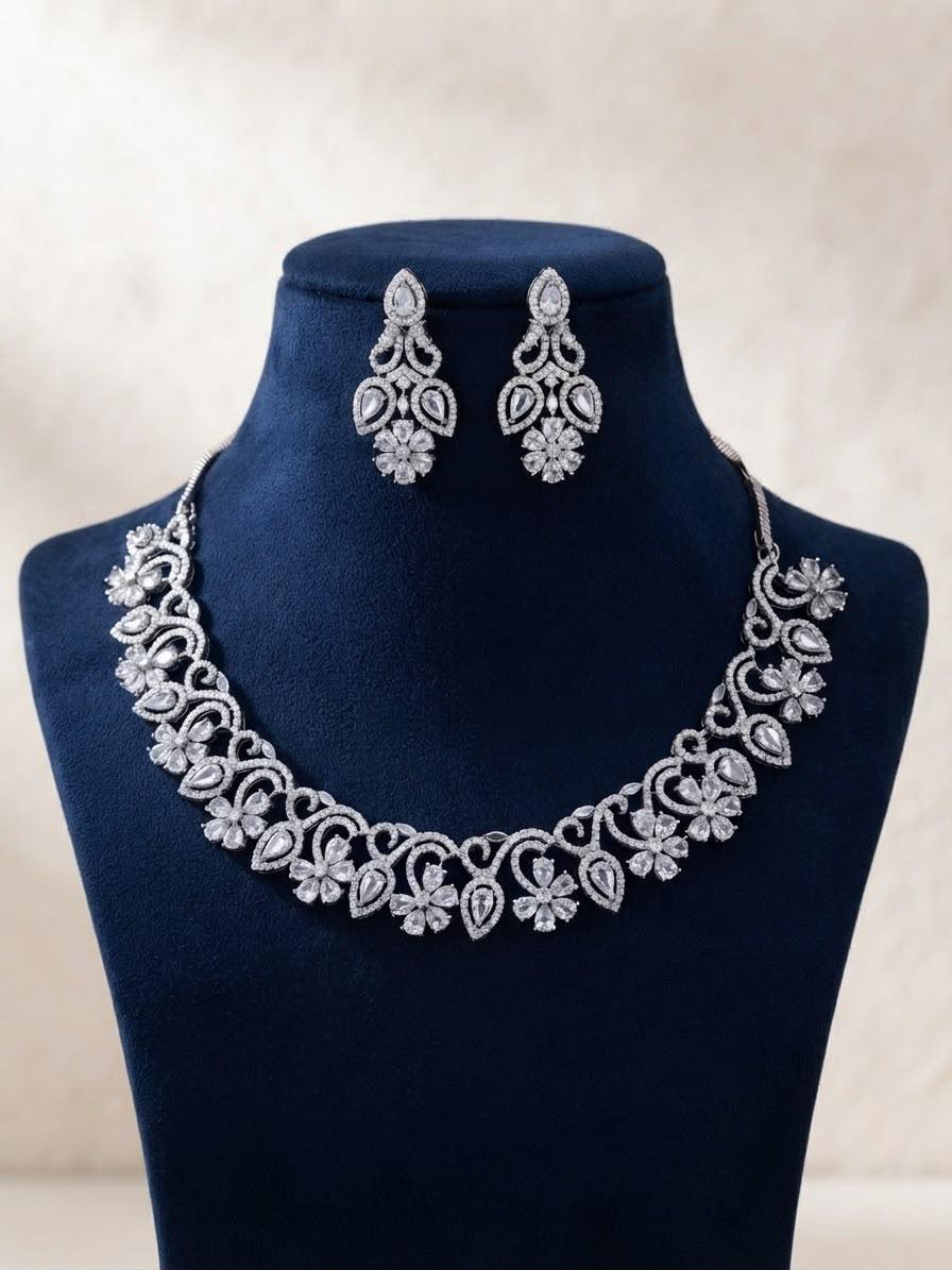 Sophisticated Sparkle Cubic Zirconia Rhodium Finish Necklace and Earrings