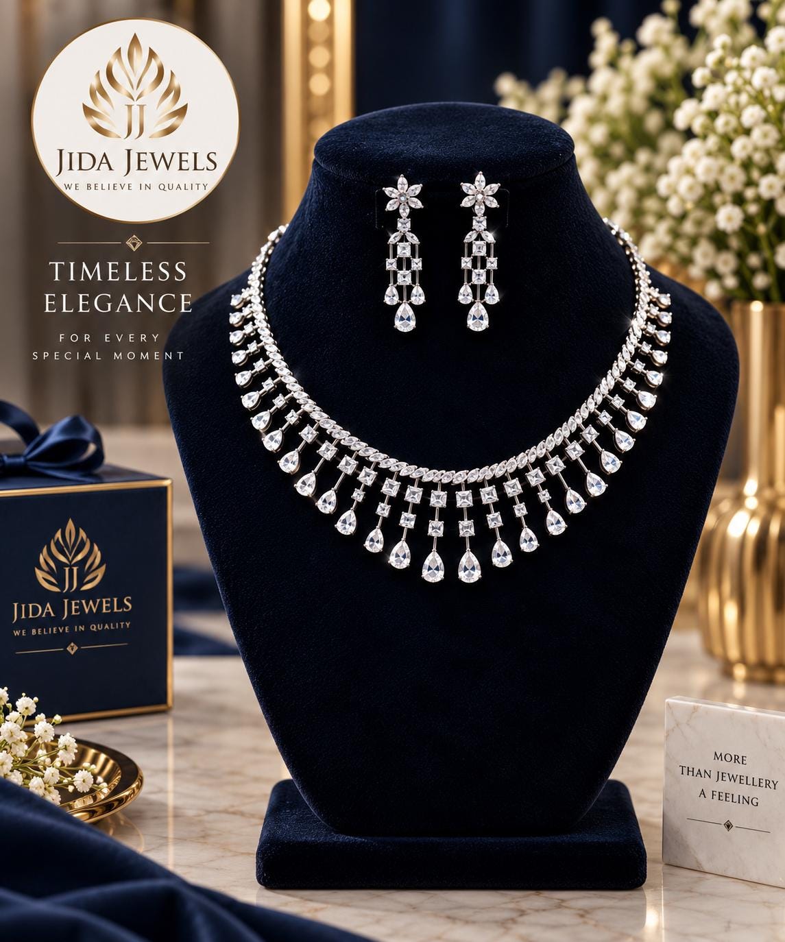 Luxury Cascading Cubic Zarconia Jewelry Set In Rhodium Finidh