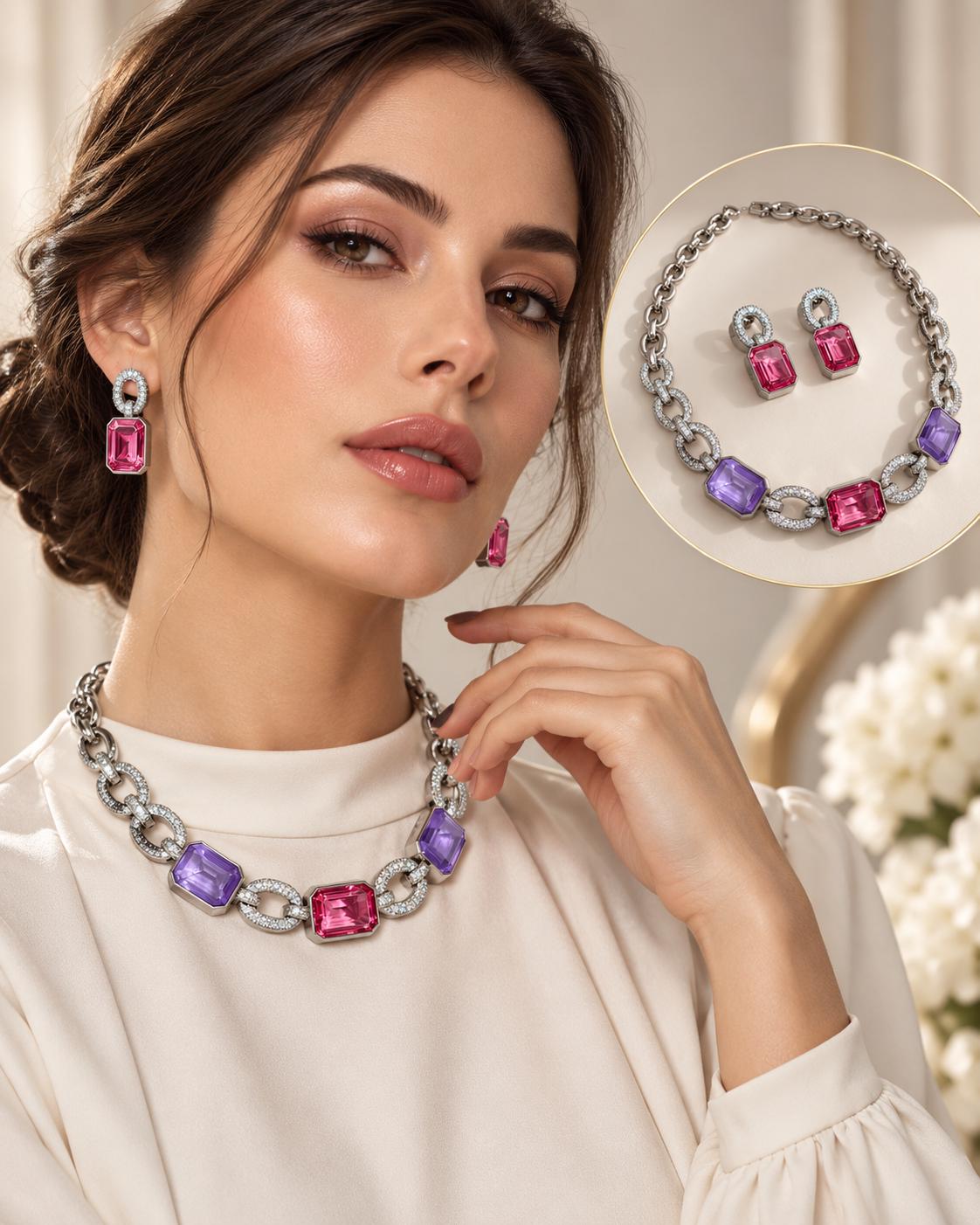 Rhodium Finish Rare Designer Necklace Set with Ruby Pink and Purple Micro Cz Stones for Styling