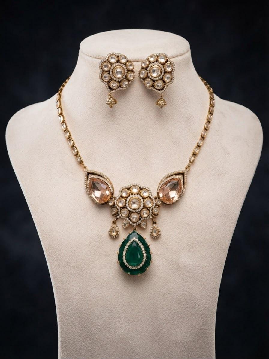 High End Gold Plated Jewelry Set with Monzonite Emerald and Champagne Stone
