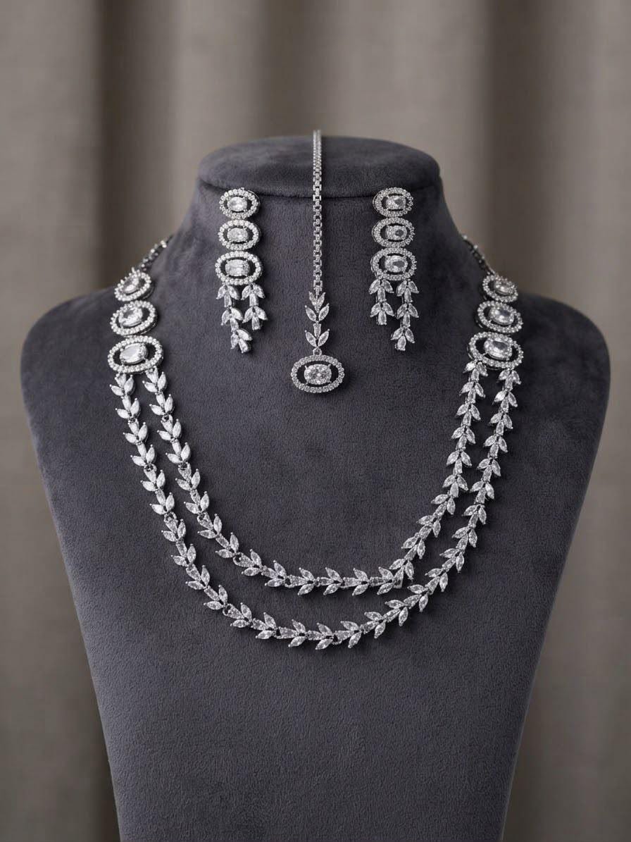 Rhodium Plated Cubic Zirconia Necklace Set Bold Statement Jewelry With Maang Tikka