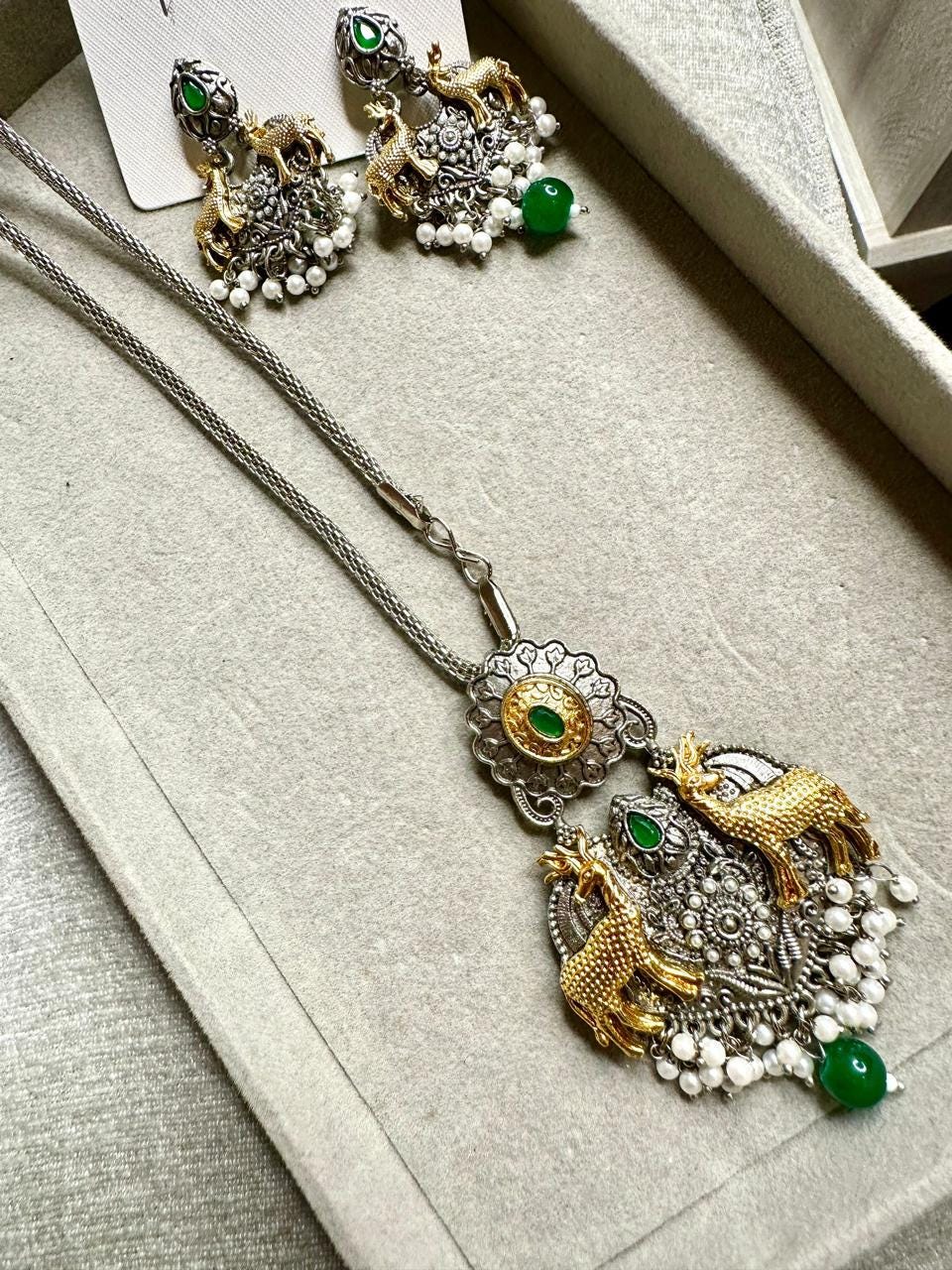 Majestic Deer Pendant Necklace with Earrings - Silver and Gold platted Jewelry Set
