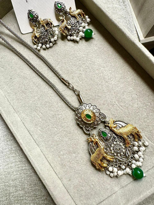 Majestic Deer Pendant Necklace with Earrings - Silver and Gold platted Jewelry Set
