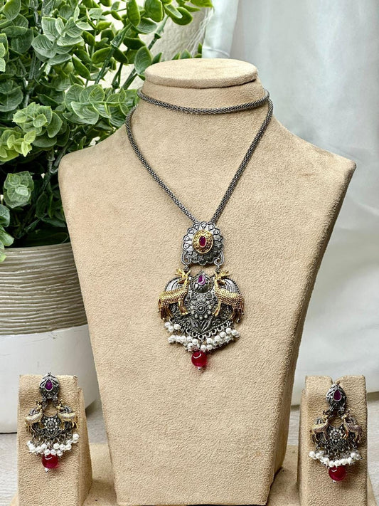 Majestic Deer Pendant Necklace with Earrings - Silver and Gold platted Jewelry Set