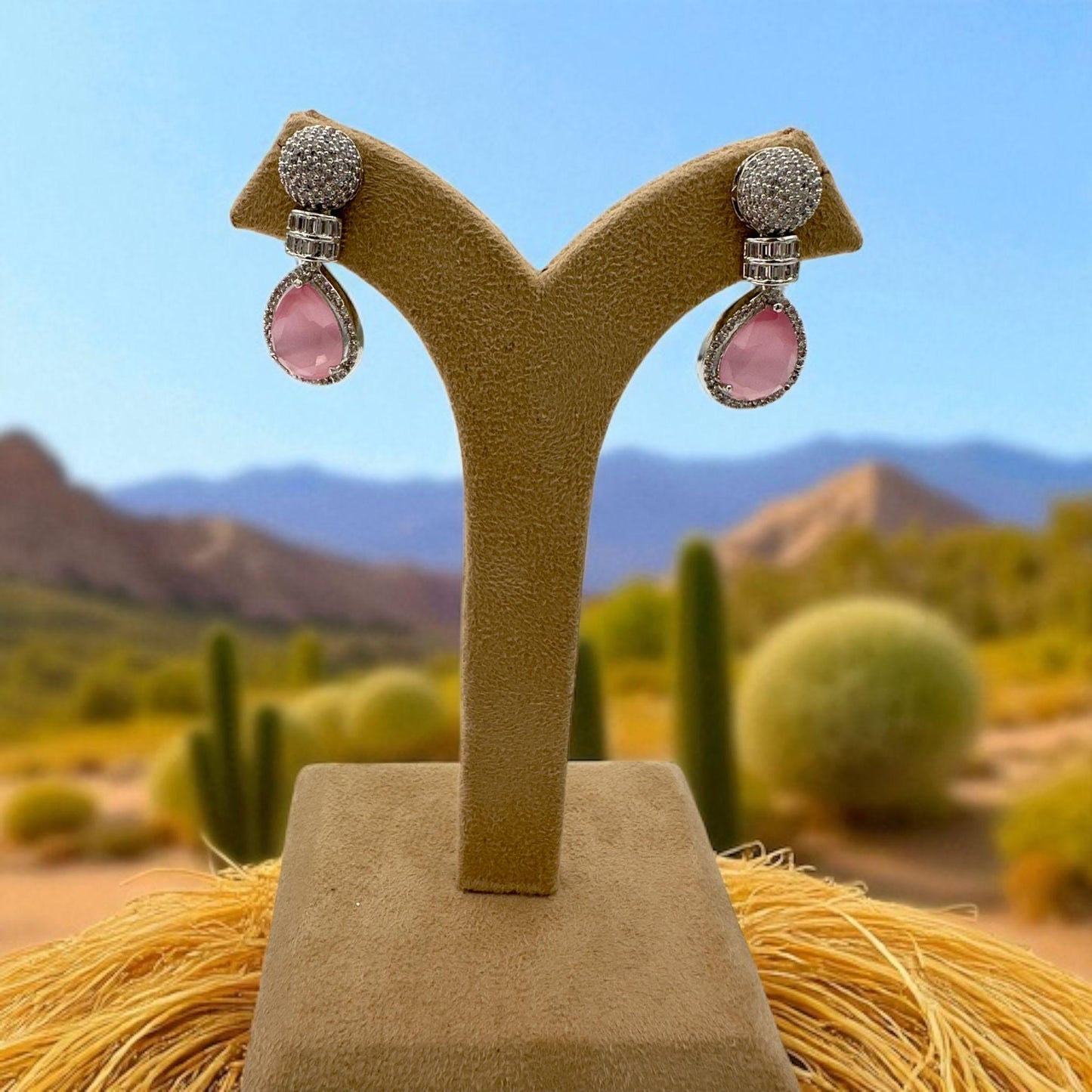 Elegant Pink Teardrop Earrings with Silver Accents - Nature-Inspired Jewelry