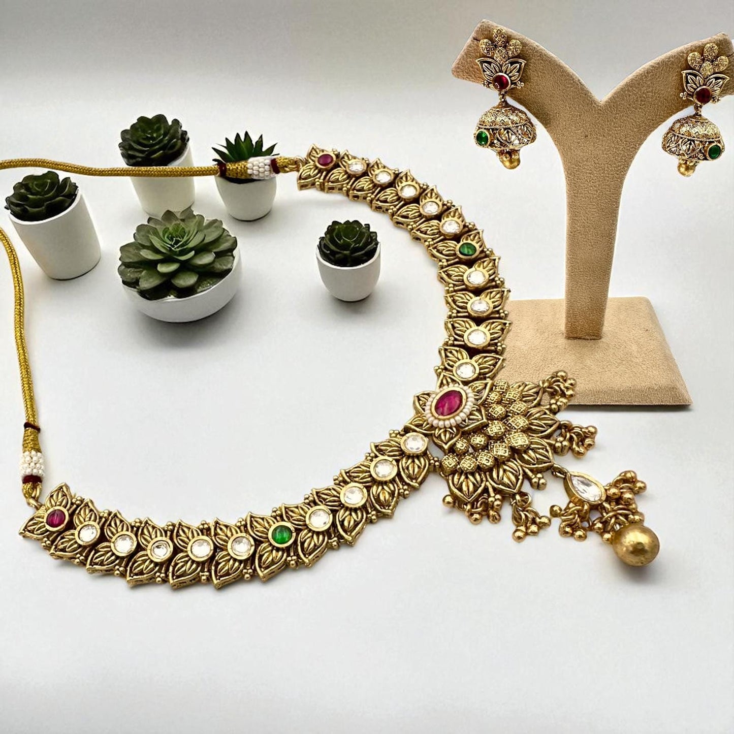 Kundan Necklace Set – Ruby and Emerald, Gold Plated Indian Jewelry
