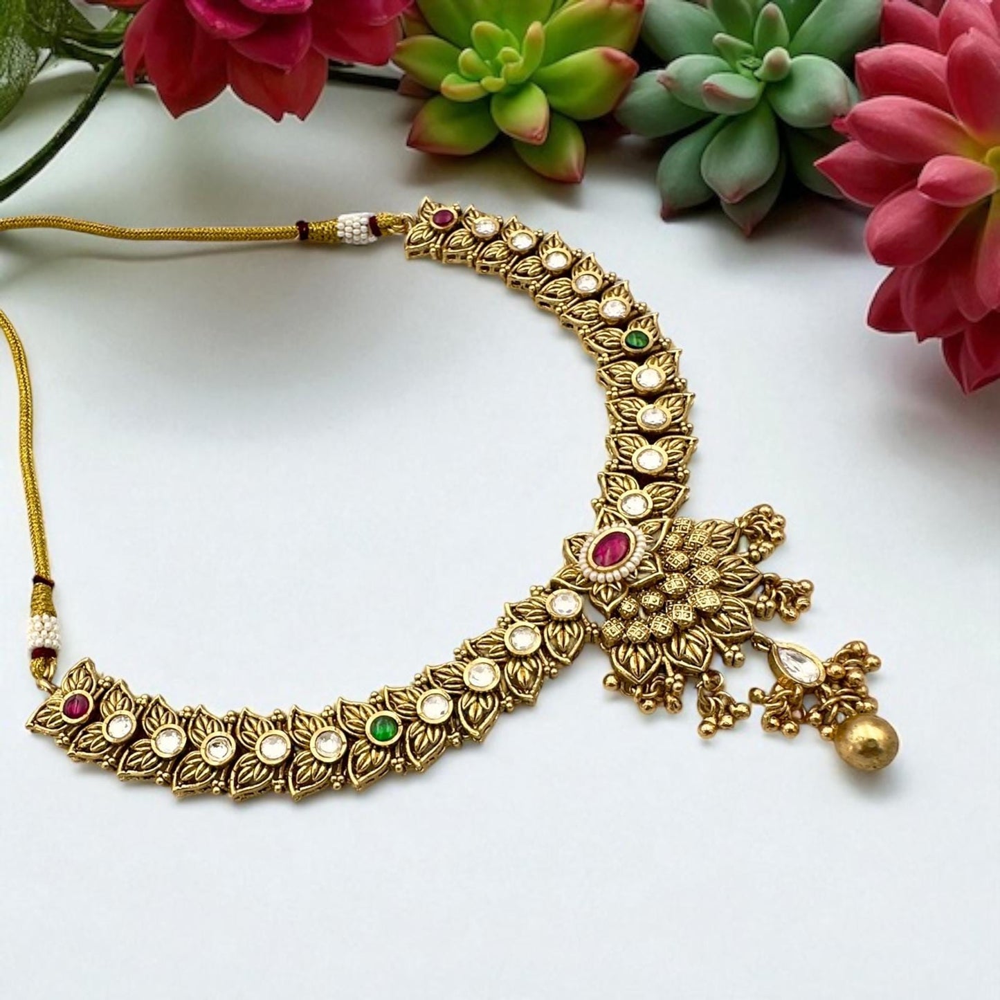 Kundan Necklace Set – Ruby and Emerald, Gold Plated Indian Jewelry