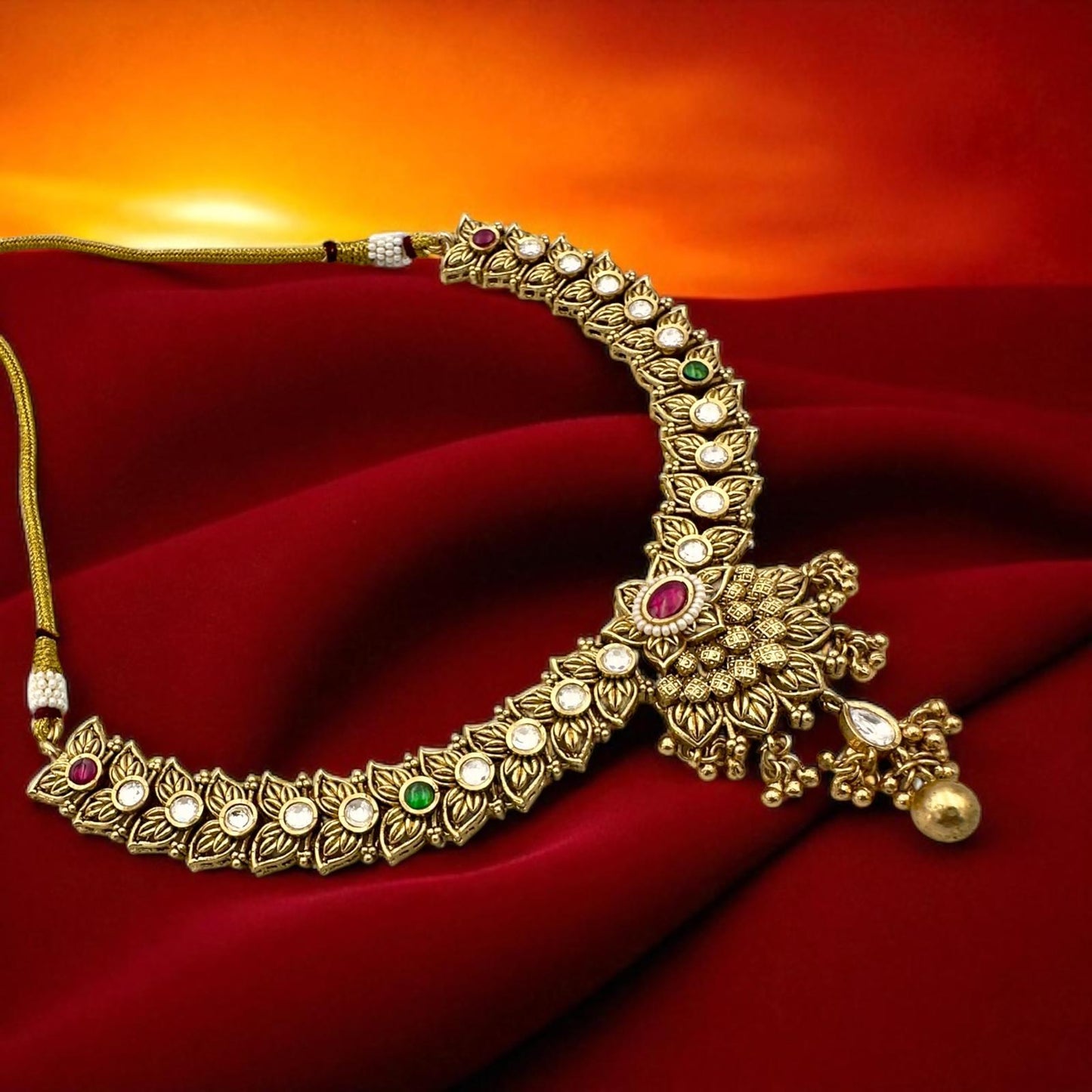 Kundan Necklace Set – Ruby and Emerald, Gold Plated Indian Jewelry