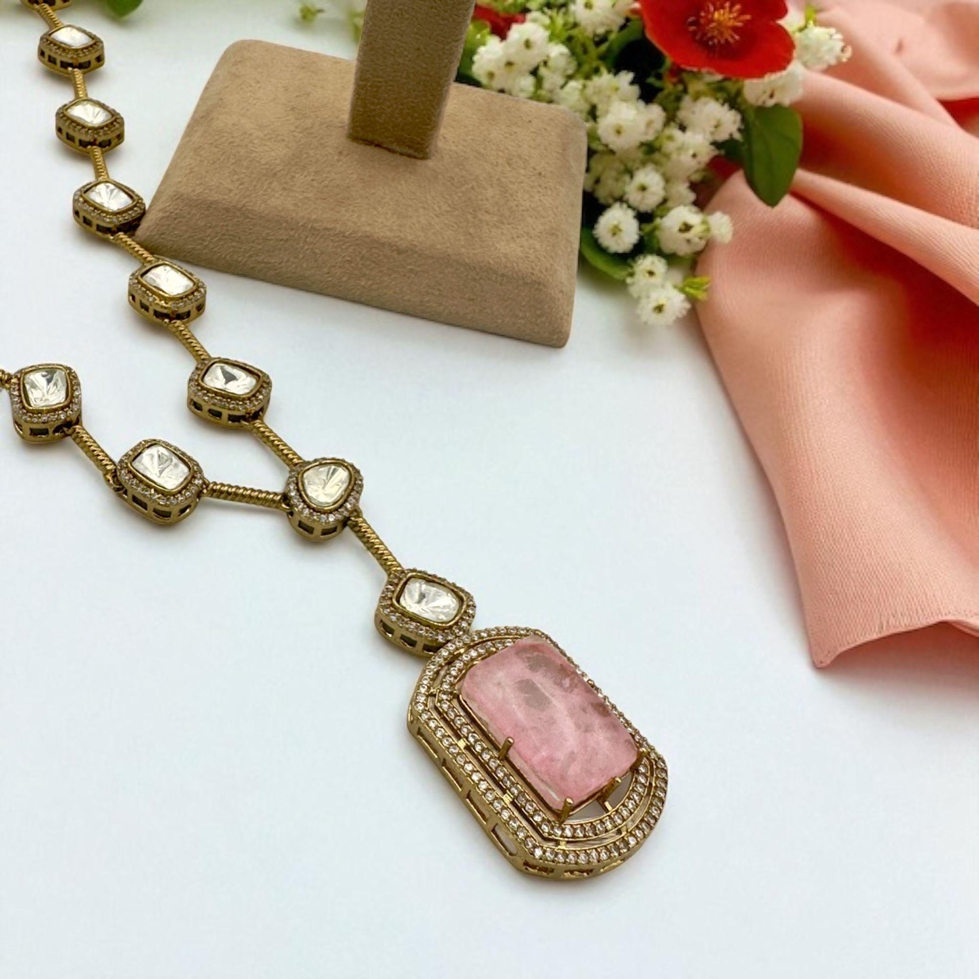 Designer Long Mala Necklace with Pink Doublet and Antique Gold Finish - Elegant Traditional Jewelry