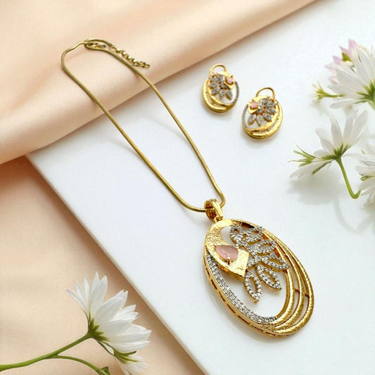 Elegant Gold-Plated Pendant Necklace and Earring Set with Diamonds and Pink Stone