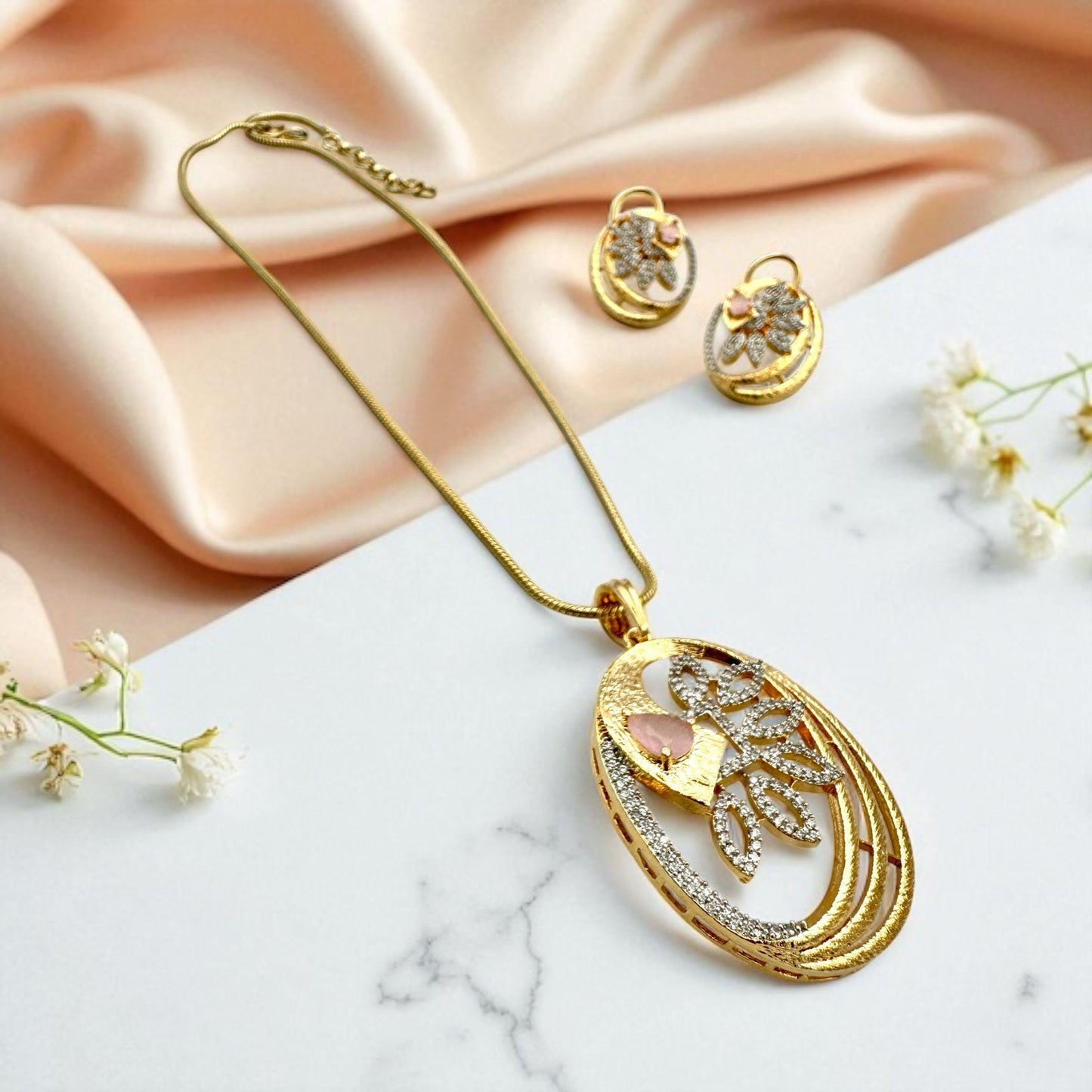 Elegant Gold-Plated Pendant Necklace and Earring Set with Diamonds and Pink Stone