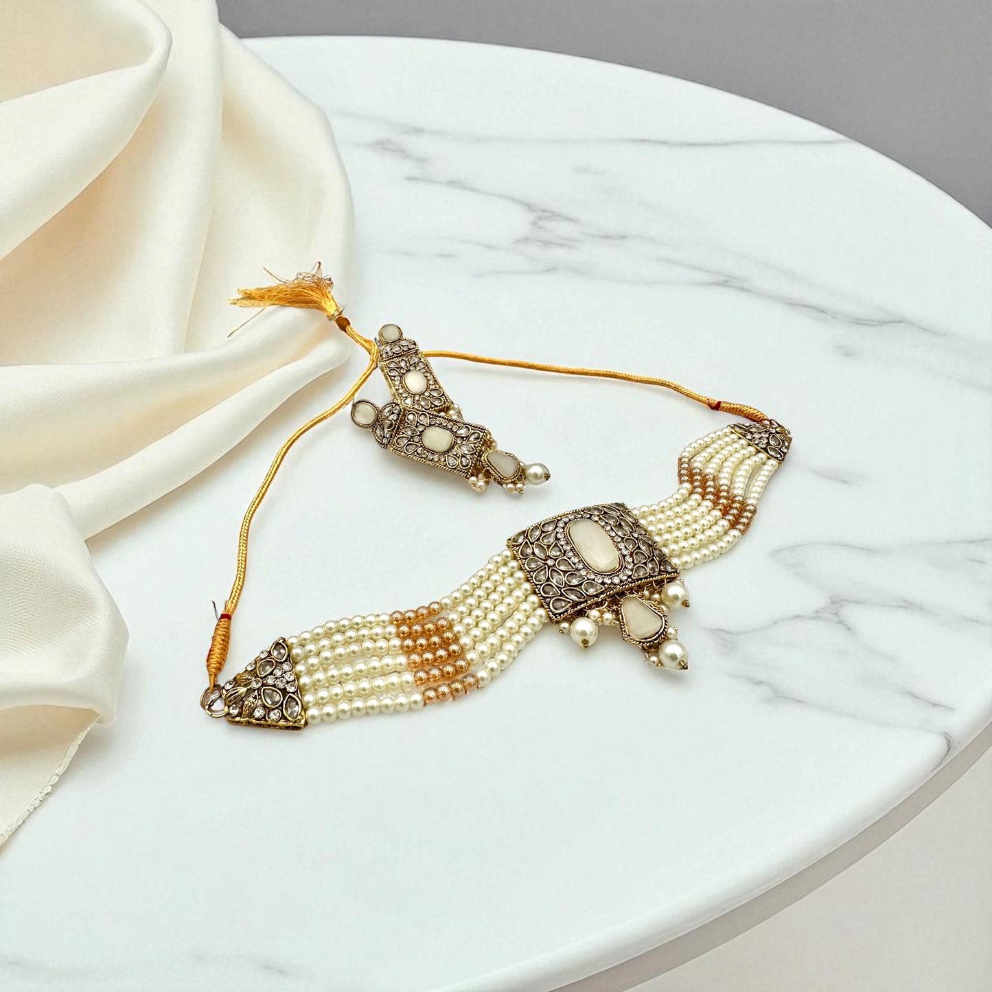 Bollywood ethnic Indian designer choker set antique gold finish set with pearls