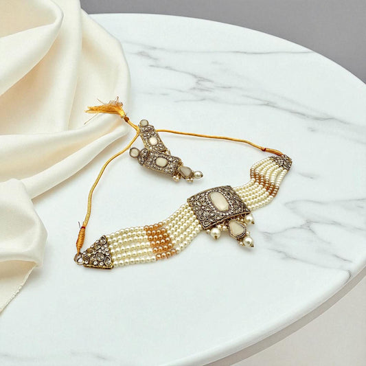 Bollywood ethnic Indian designer choker set antique gold finish set with pearls