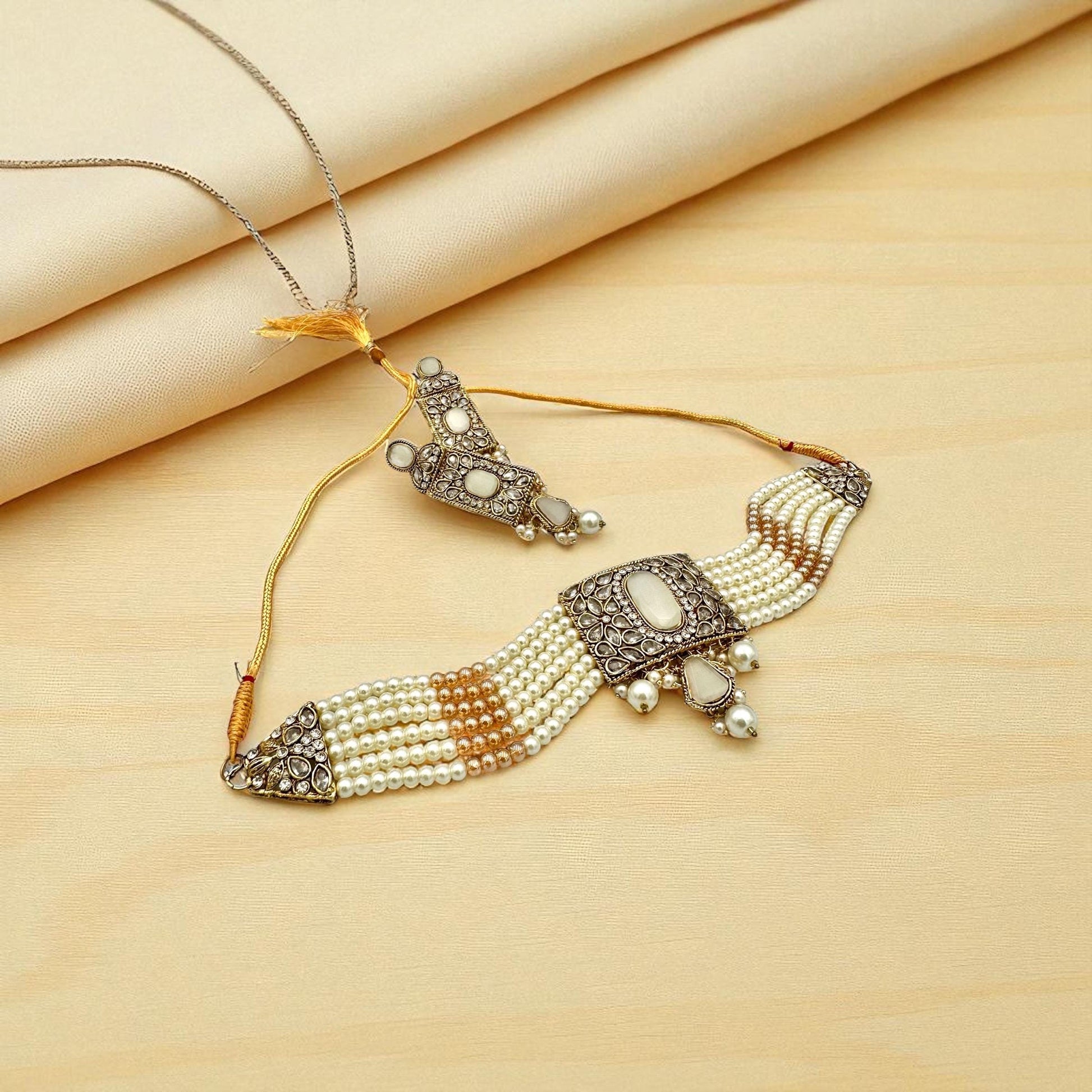 Bollywood ethnic Indian designer choker set antique gold finish set with pearls
