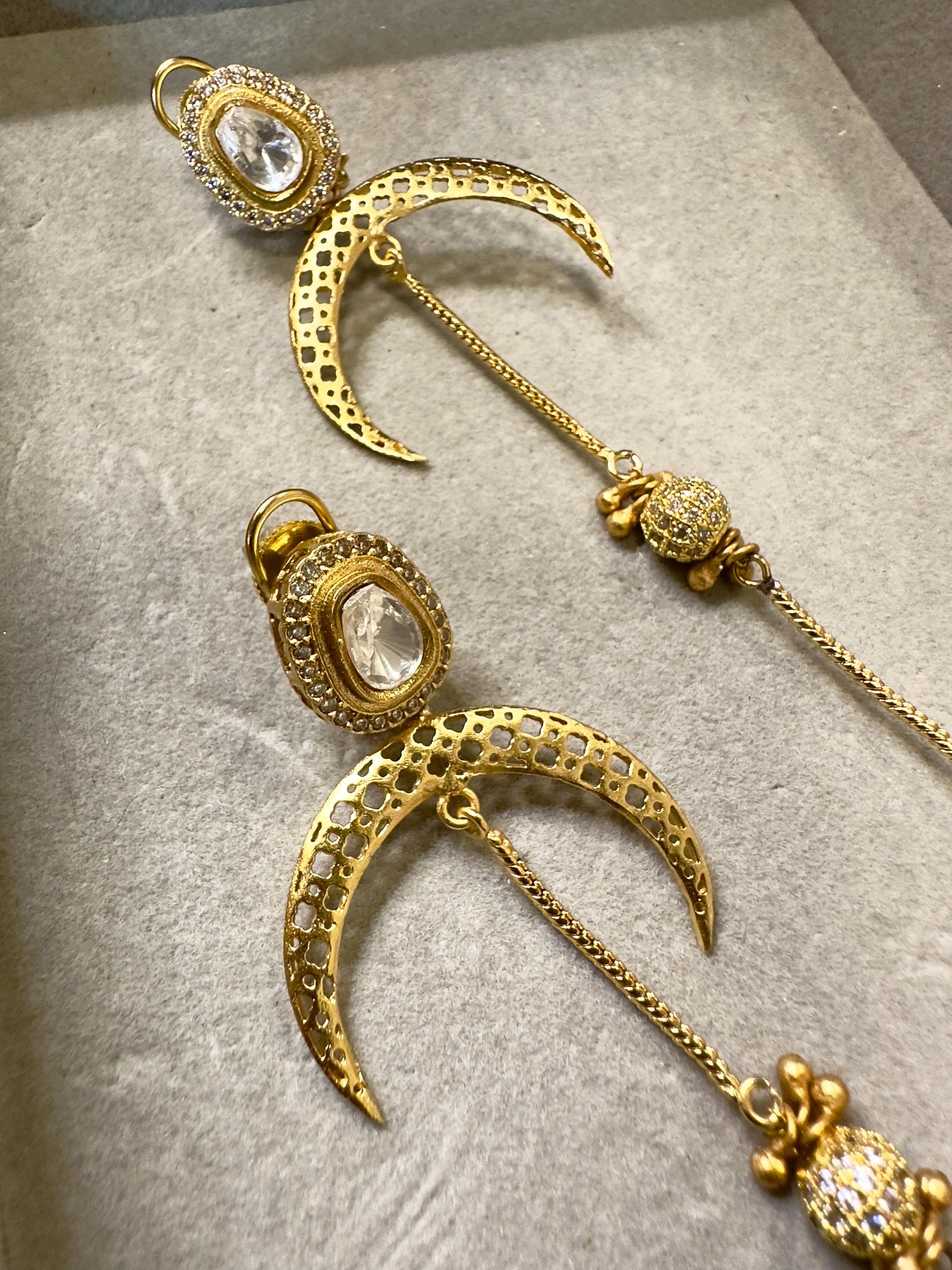 Crescent Moon Filigree Earrings – Long Gold Dangle Bridal Statement Gold plated