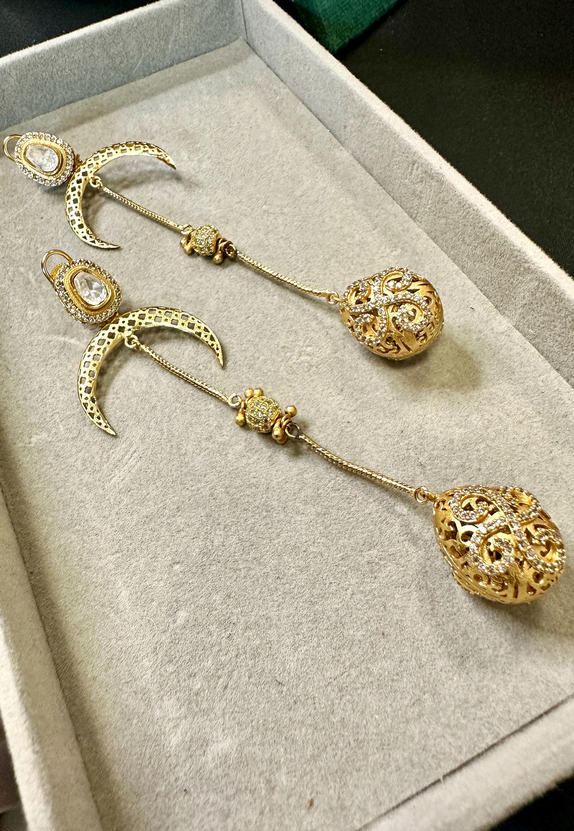 Crescent Moon Filigree Earrings – Long Gold Dangle Bridal Statement Gold plated
