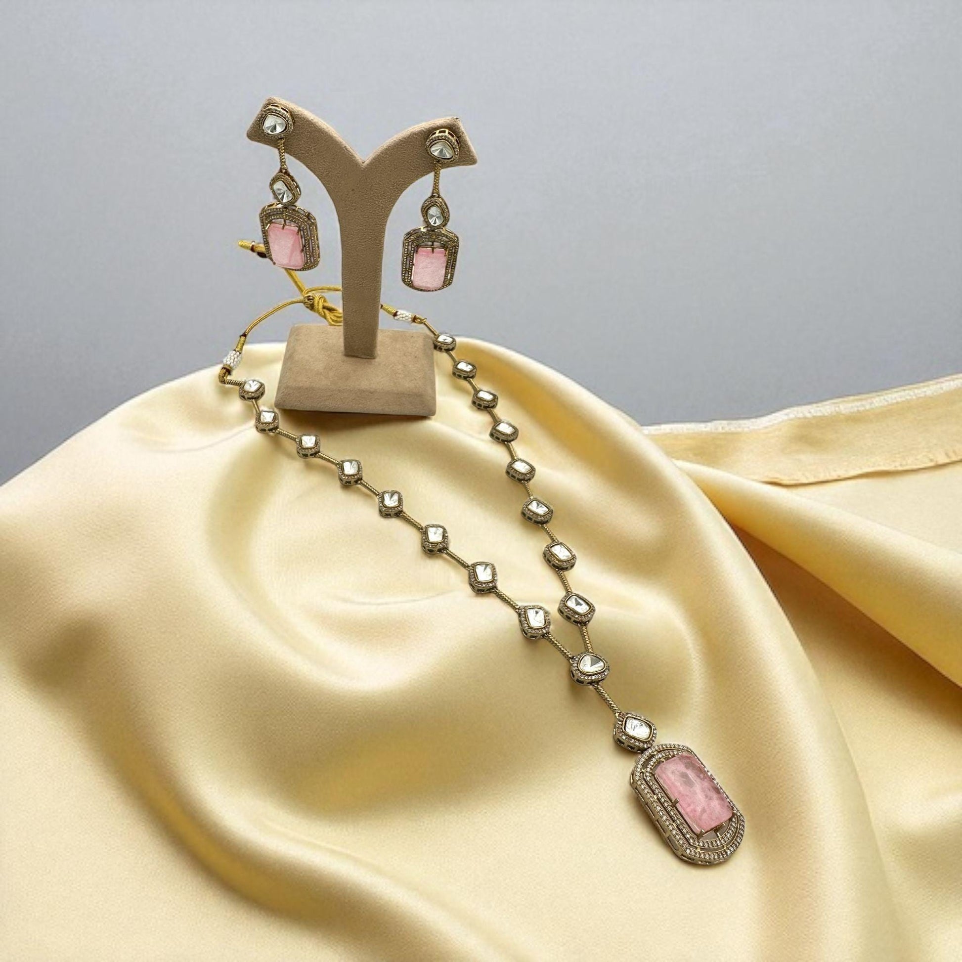 Designer Long Mala Necklace with Pink Doublet and Antique Gold Finish - Elegant Traditional Jewelry