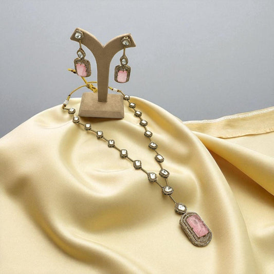 Designer Long Mala Necklace with Pink Doublet and Antique Gold Finish - Elegant Traditional Jewelry