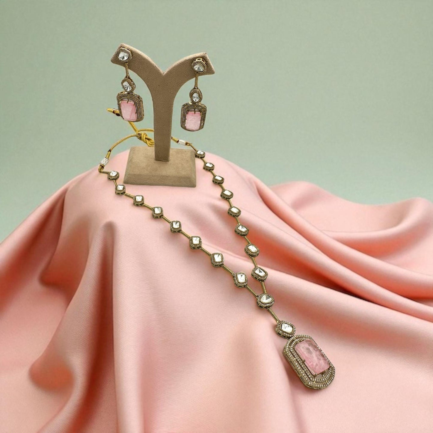 Designer Long Mala Necklace with Pink Doublet and Antique Gold Finish - Elegant Traditional Jewelry