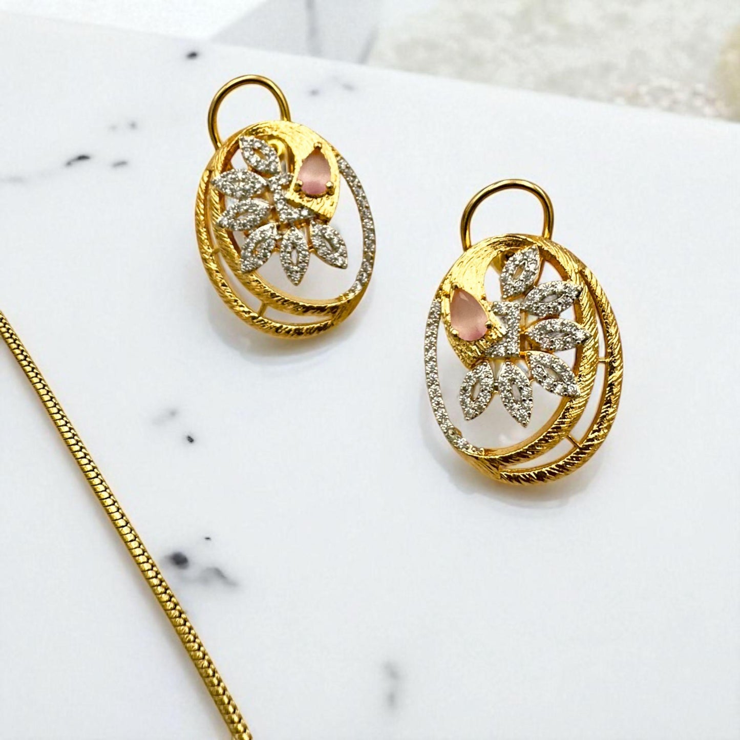 Elegant Gold-Plated Pendant Necklace and Earring Set with Diamonds and Pink Stone
