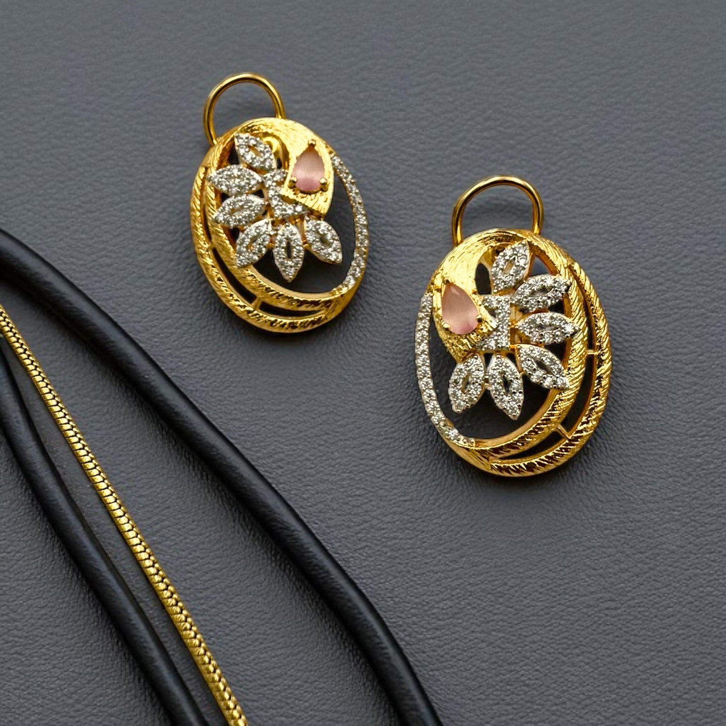 Elegant Gold-Plated Pendant Necklace and Earring Set with Diamonds and Pink Stone