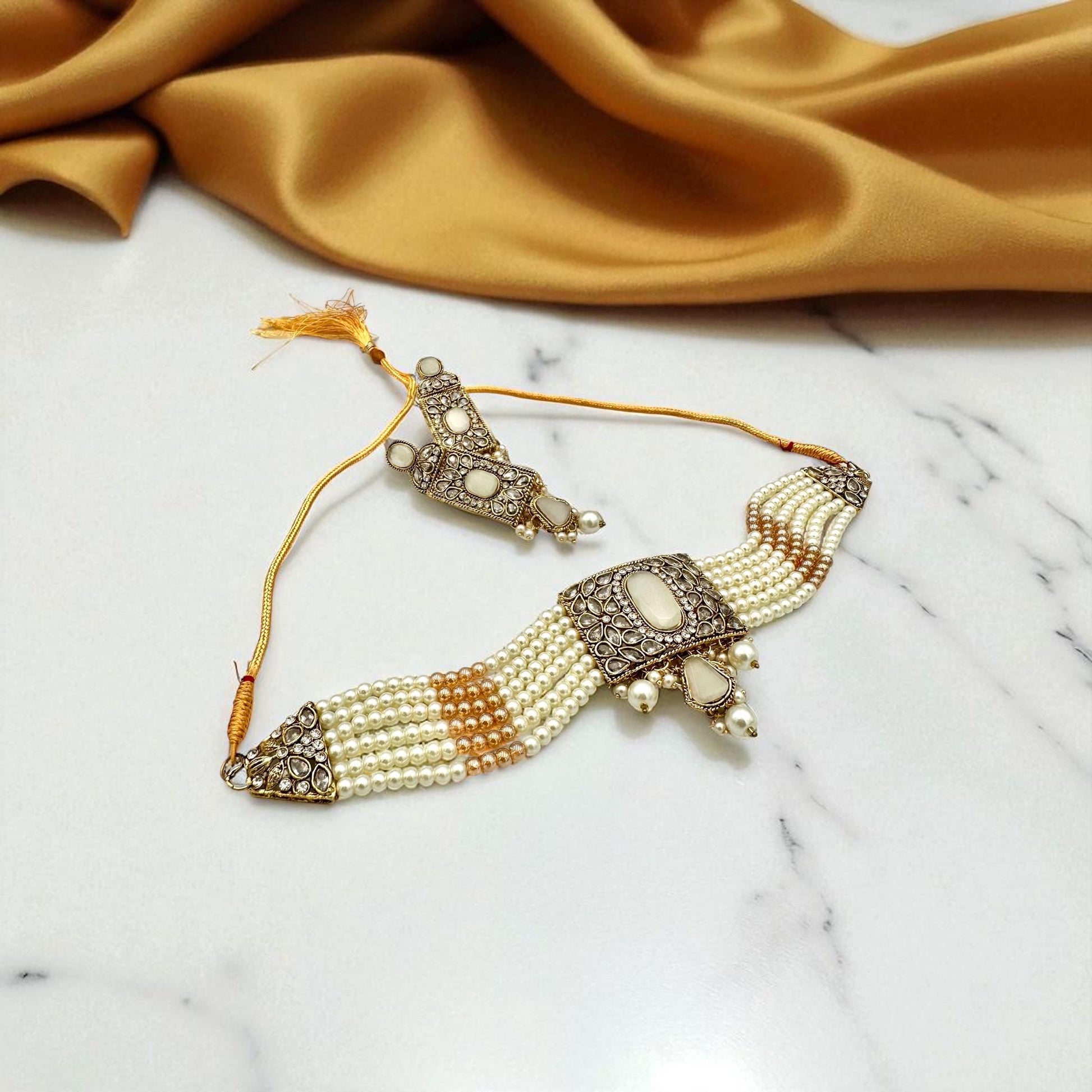 Bollywood ethnic Indian designer choker set antique gold finish set with pearls