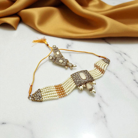Bollywood ethnic Indian designer choker set antique gold finish set with pearls