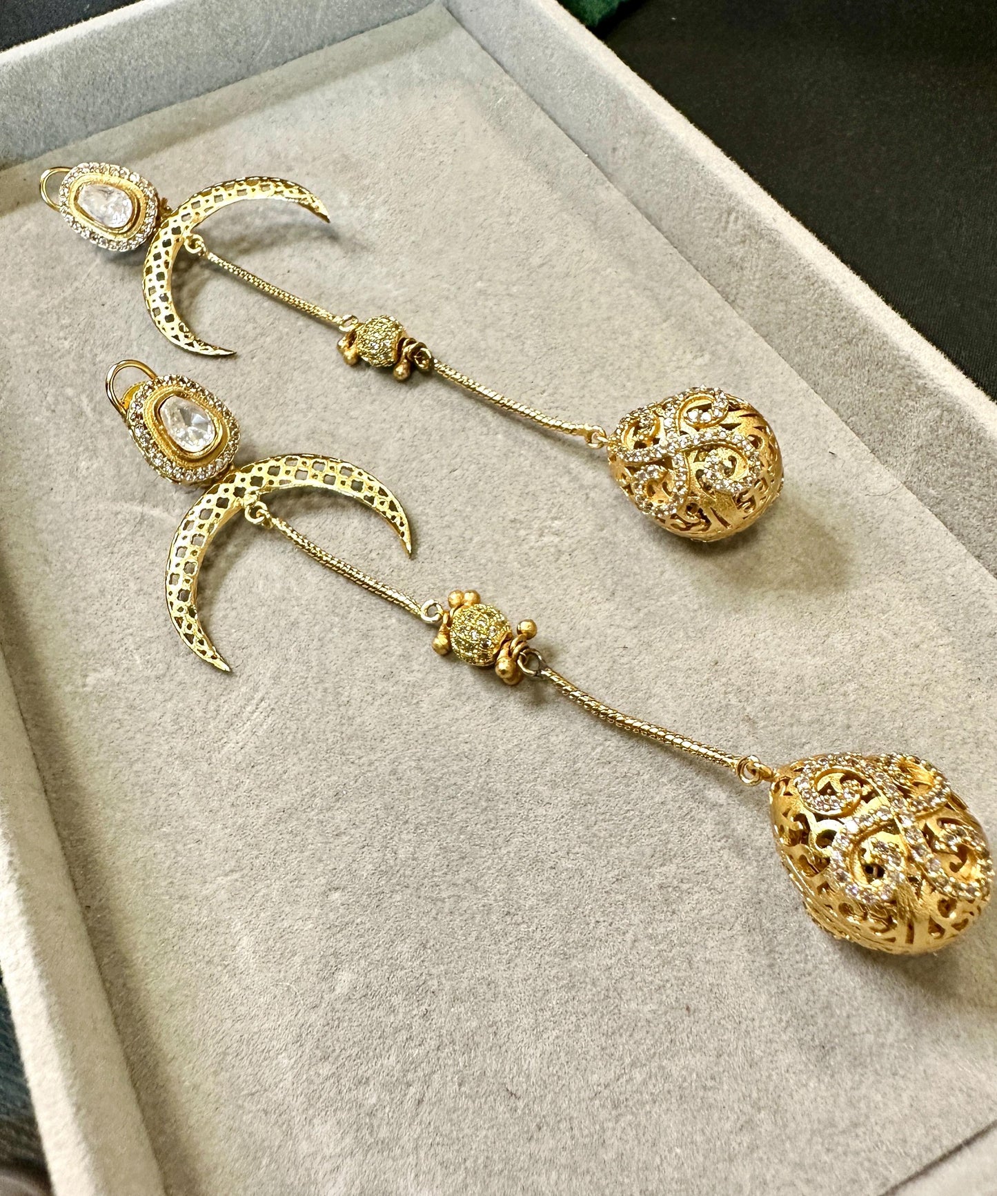 Crescent Moon Filigree Earrings – Long Gold Dangle Bridal Statement Gold plated