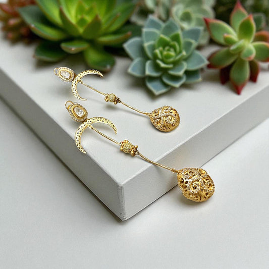 Crescent Moon Filigree Earrings – Long Gold Dangle Bridal Statement Gold plated