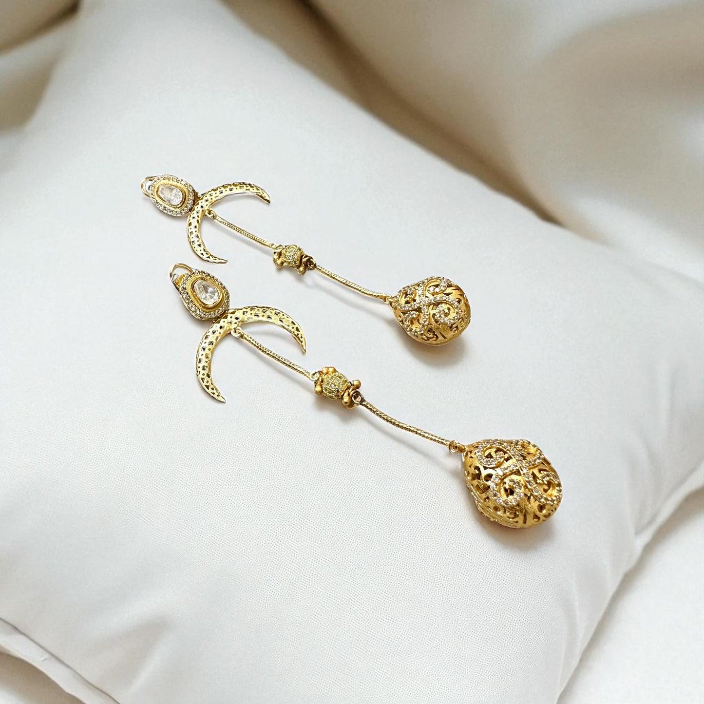 Crescent Moon Filigree Earrings – Long Gold Dangle Bridal Statement Gold plated