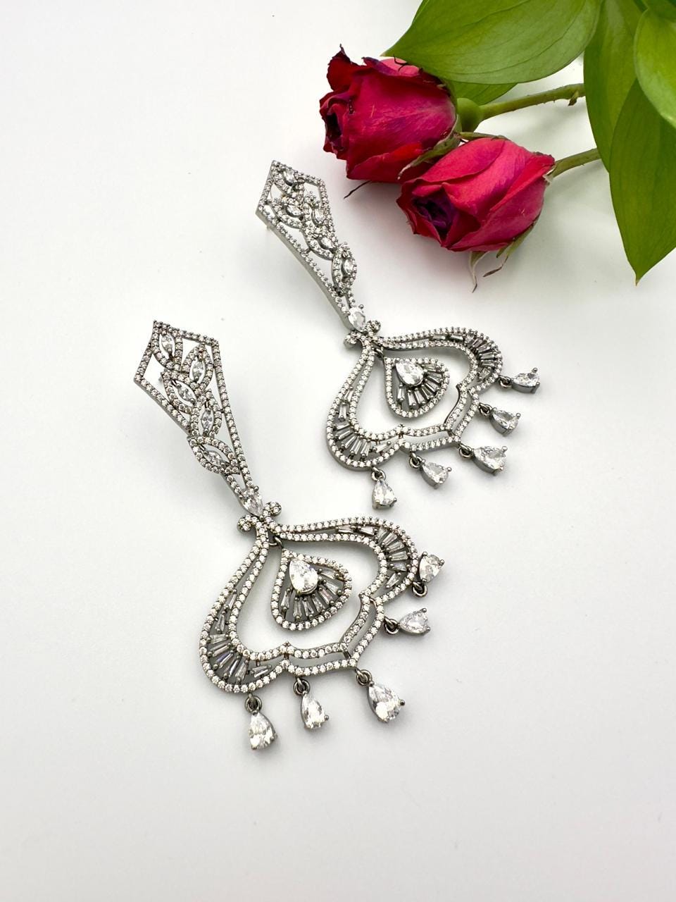 Luxury Indian Silver-Plated Diamond Earrings with Teardrop Design - Elegant Jewelry for Women