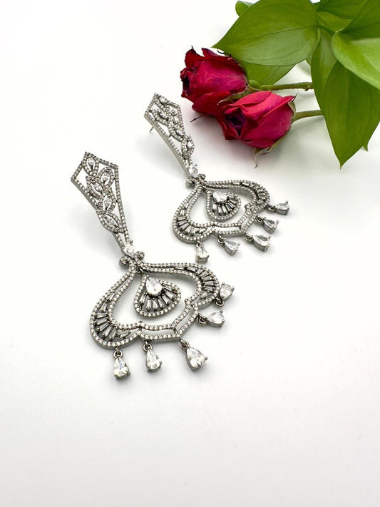 Luxury Indian Silver-Plated Diamond Earrings with Teardrop Design - Elegant Jewelry for Women