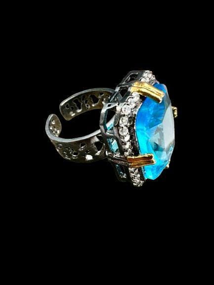 Blue Stone Ring with Cz Stones | Openable Fit 6/7/8 | Silver & Gold Accents