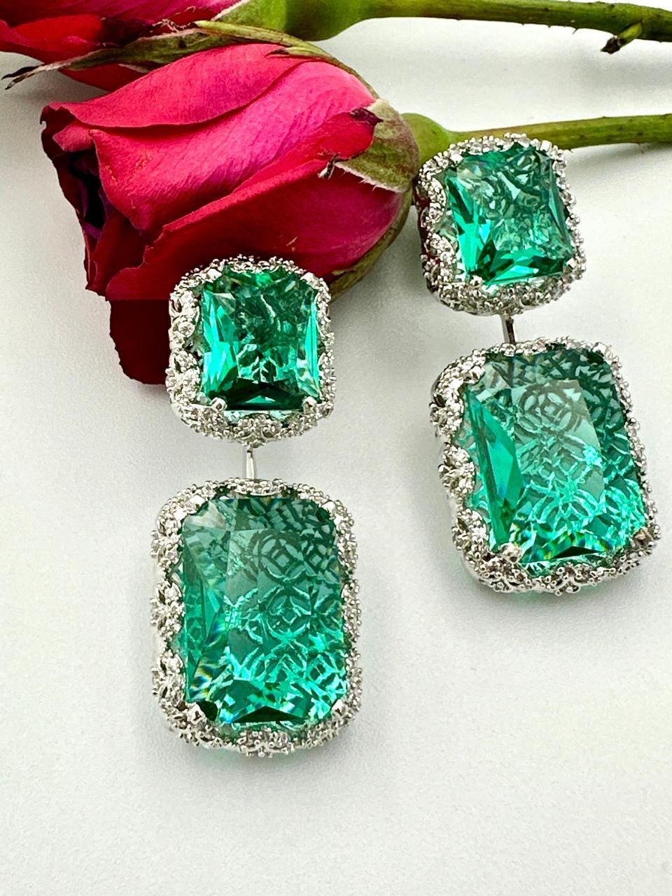 Exquisite Emerald Drop Earrings with Diamonds - Luxurious Silver Jewelry