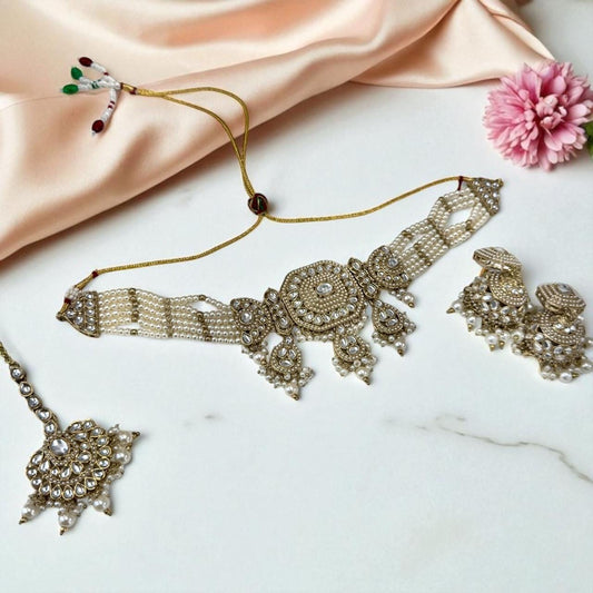 Kundan Pearl Necklace Set – Gold Plated Indian Jewelry, Earrings, Tika