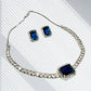 Sapphire Blue Stone CZ Necklace Set with Stud Earrings Silver Tone Jewelry for Women