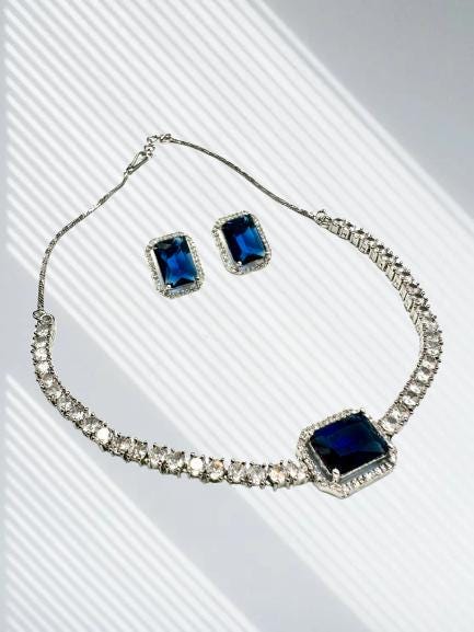 Sapphire Blue Stone CZ Necklace Set with Stud Earrings Silver Tone Jewelry for Women