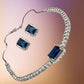 Sapphire Blue Stone CZ Necklace Set with Stud Earrings Silver Tone Jewelry for Women