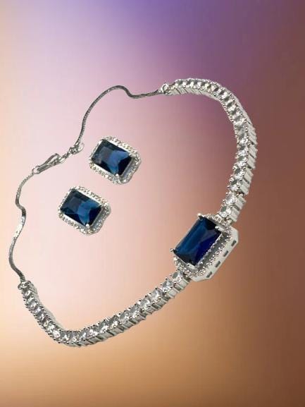 Sapphire Blue Stone CZ Necklace Set with Stud Earrings Silver Tone Jewelry for Women